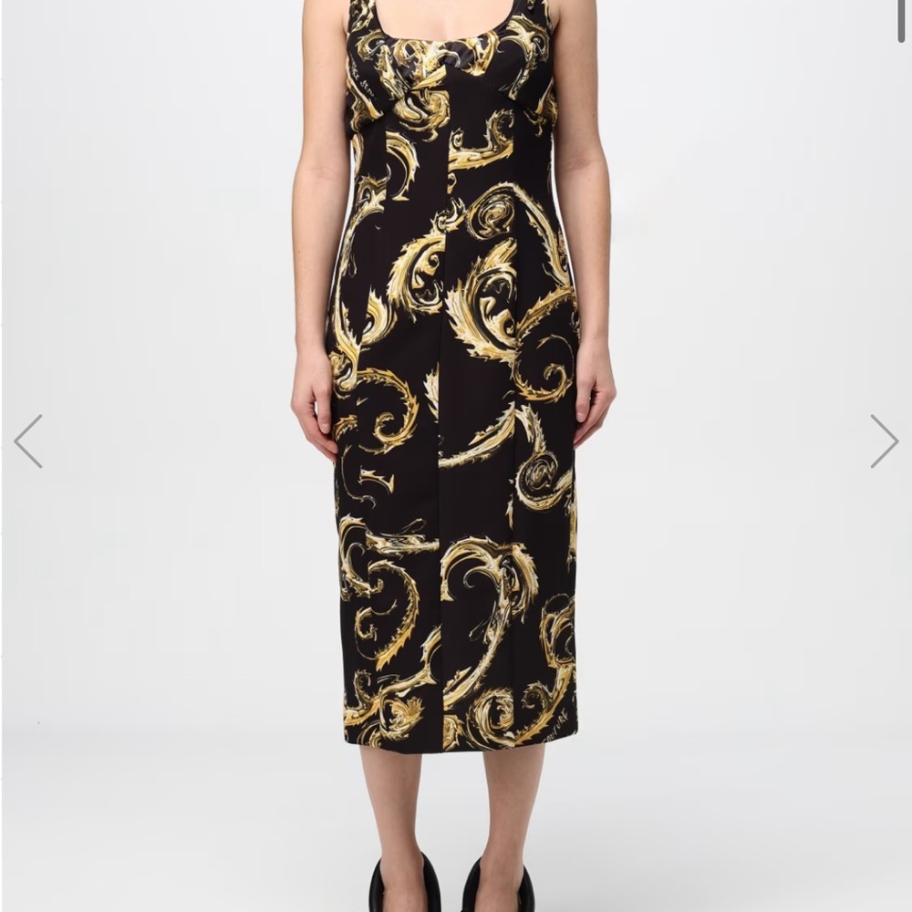 Black and Gold Baroque-Print Midi Dress
